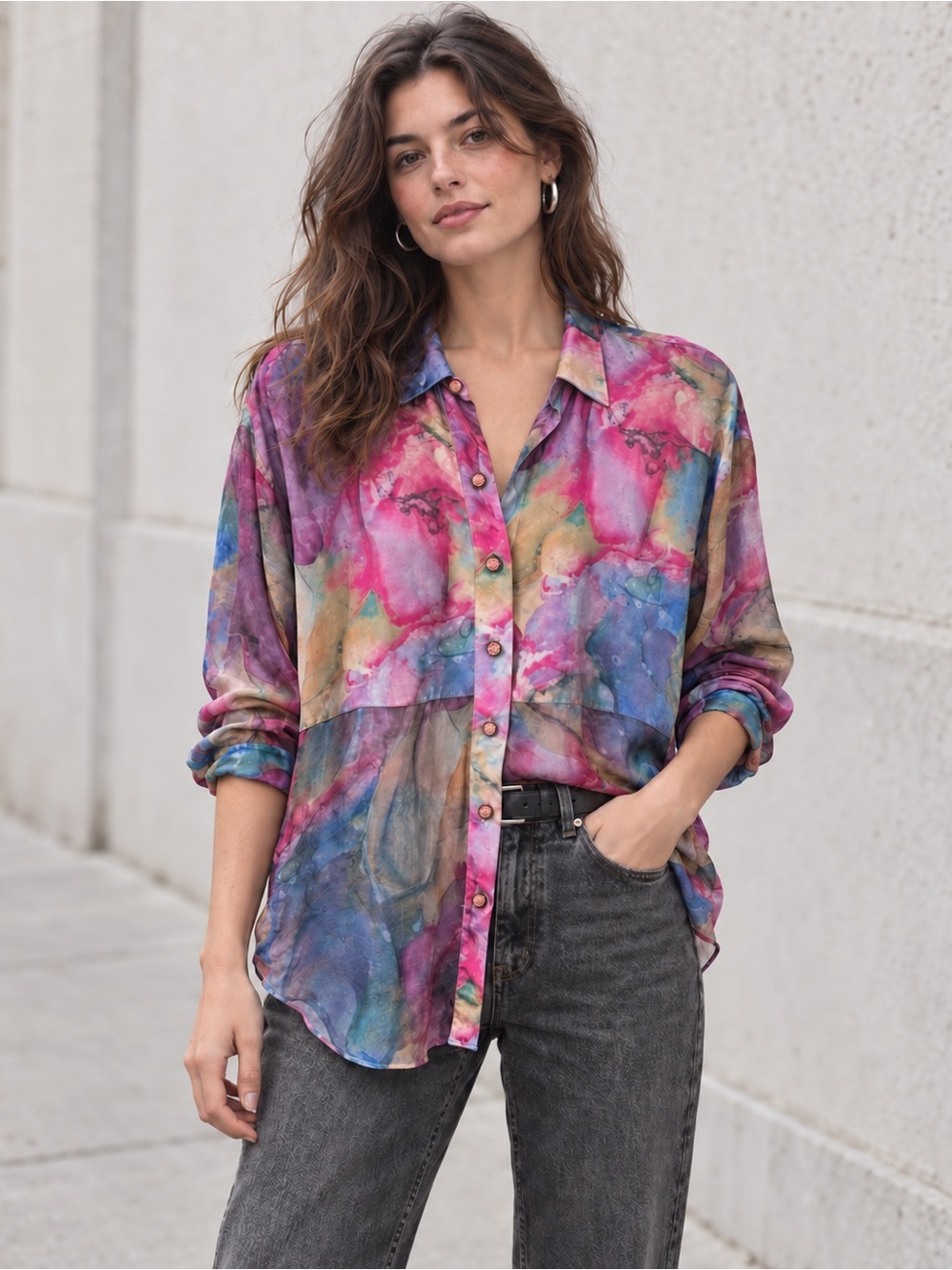 Vintage Forenza Watercolor Sheer Blouse Rose Buttons—Small